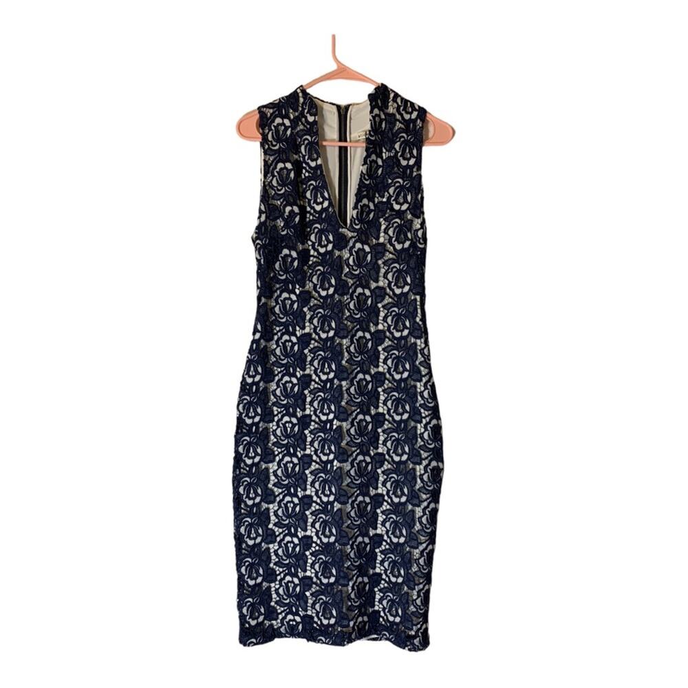 Alice + Olivia womens 4 small Jacki V neck lace dress navy blue with rose new - Picture 2 of 13